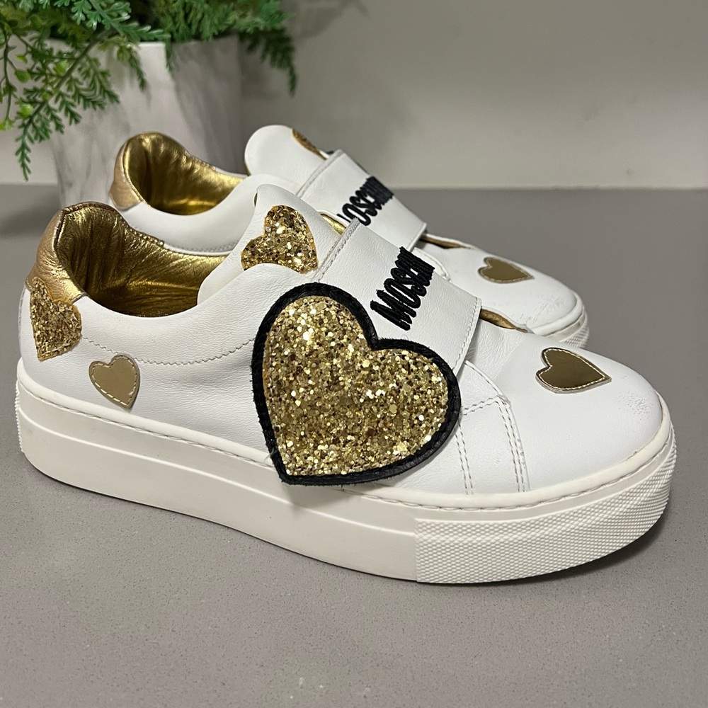 Moschino White and Gold Heart Sneakers